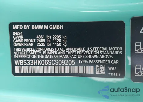 2025 BMW M4 Competition xDrive z USA, uszkodzony, nr VIN WBS33HK06SCS09205